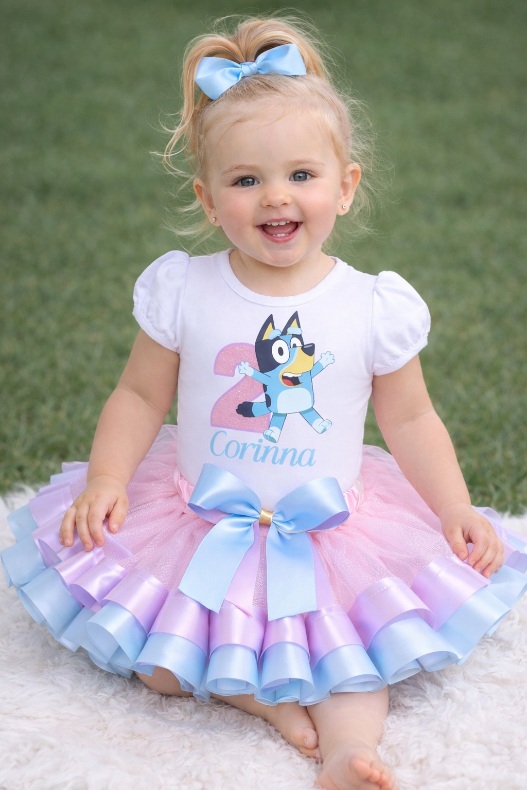 Bluey Inspired 2nd Birthday Tutu Outfit for Girls – Personalized Pink & Blue Ribbon Trim Dress Set