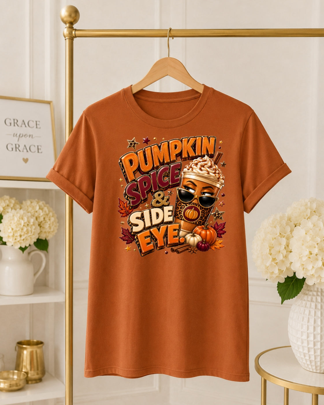 Pumpkin Spice & Side Eye Fall T-Shirt – Funny Pumpkin Spice Coffee Shirt for Women