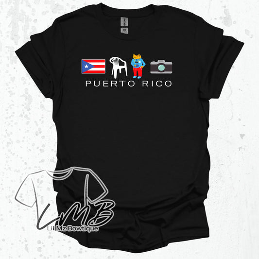 Black Puerto Rico Coqui shirt with flag, chair, coqui frog, and camera icons design