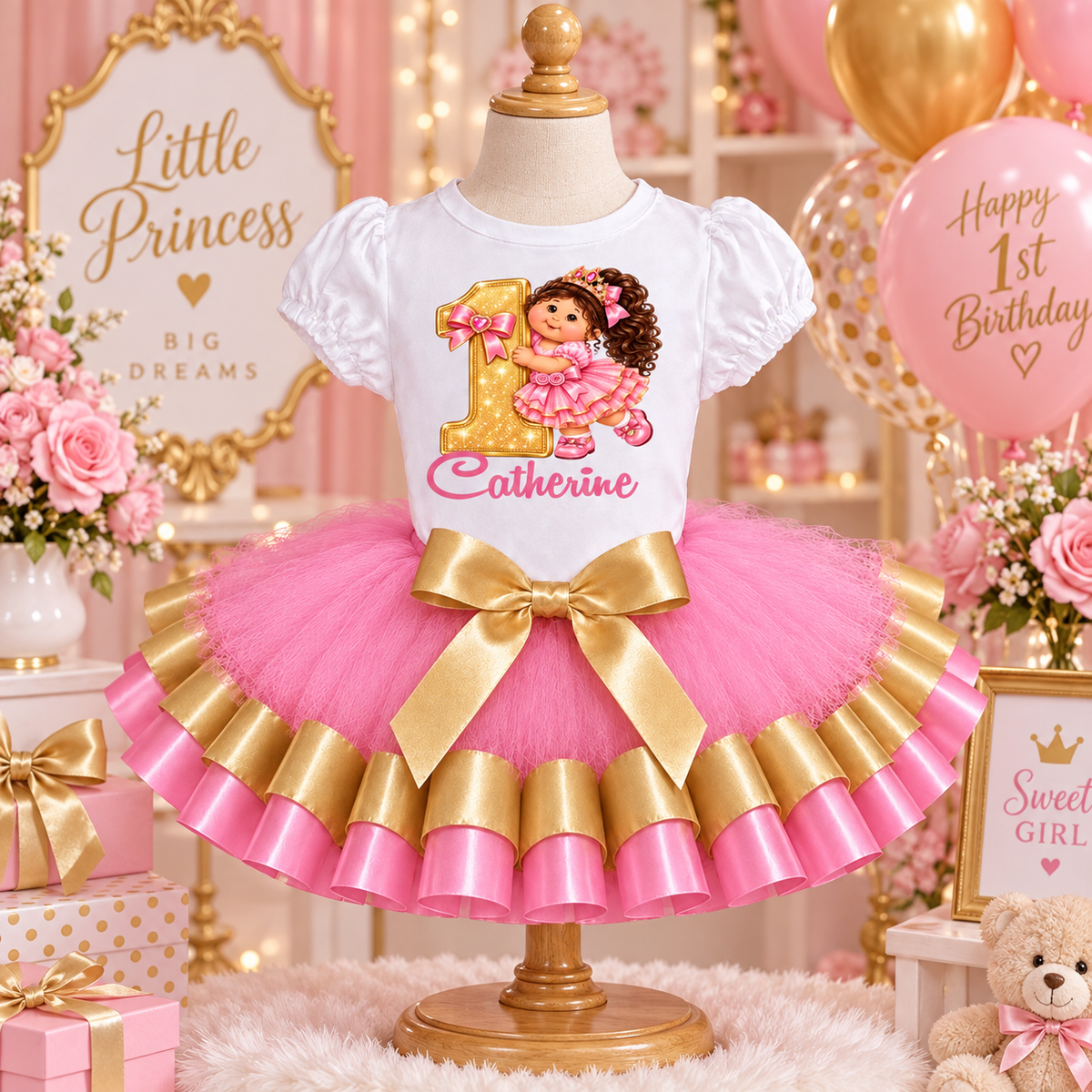 Cabby Patch Theme Pink & Gold Princess 1st Birthday Tutu Outfit – Personalized Girl Birthday Shirt & Tutu Set