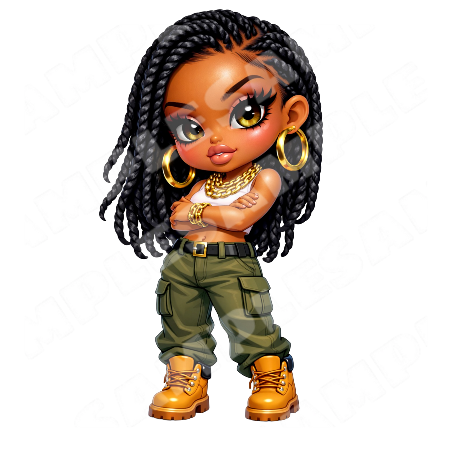 African American Sassy Street Style Chibi Girl Sticker PNG (Digital Product)