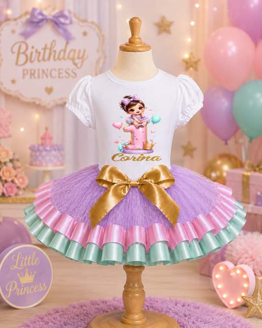 Personalized Princess 1st Birthday Tutu Outfit for Girls – Lavender Pink Mint Gold Birthday Set