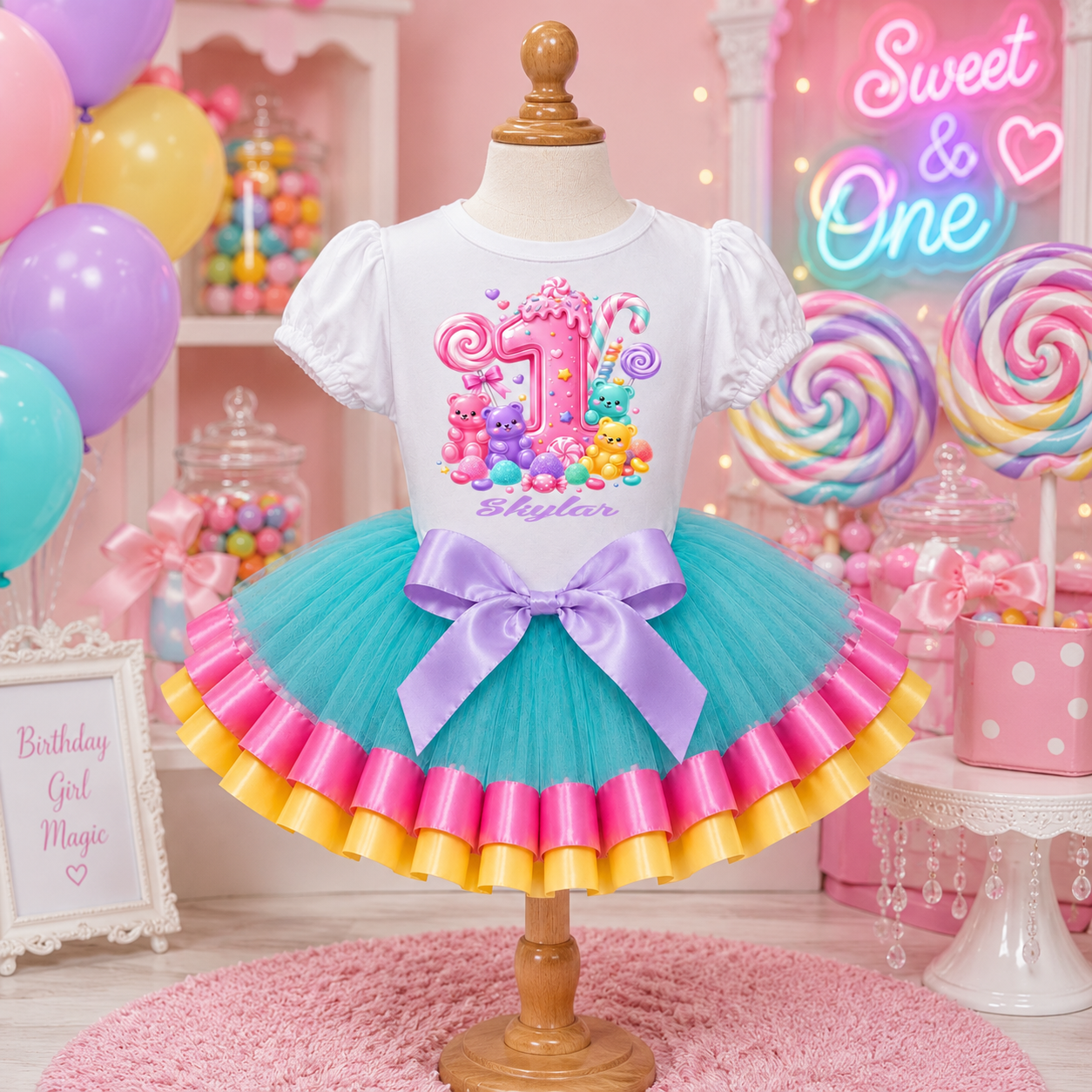Personalized Candyland 1st Birthday Tutu Outfit for Girls – Gummy Bear Party Set