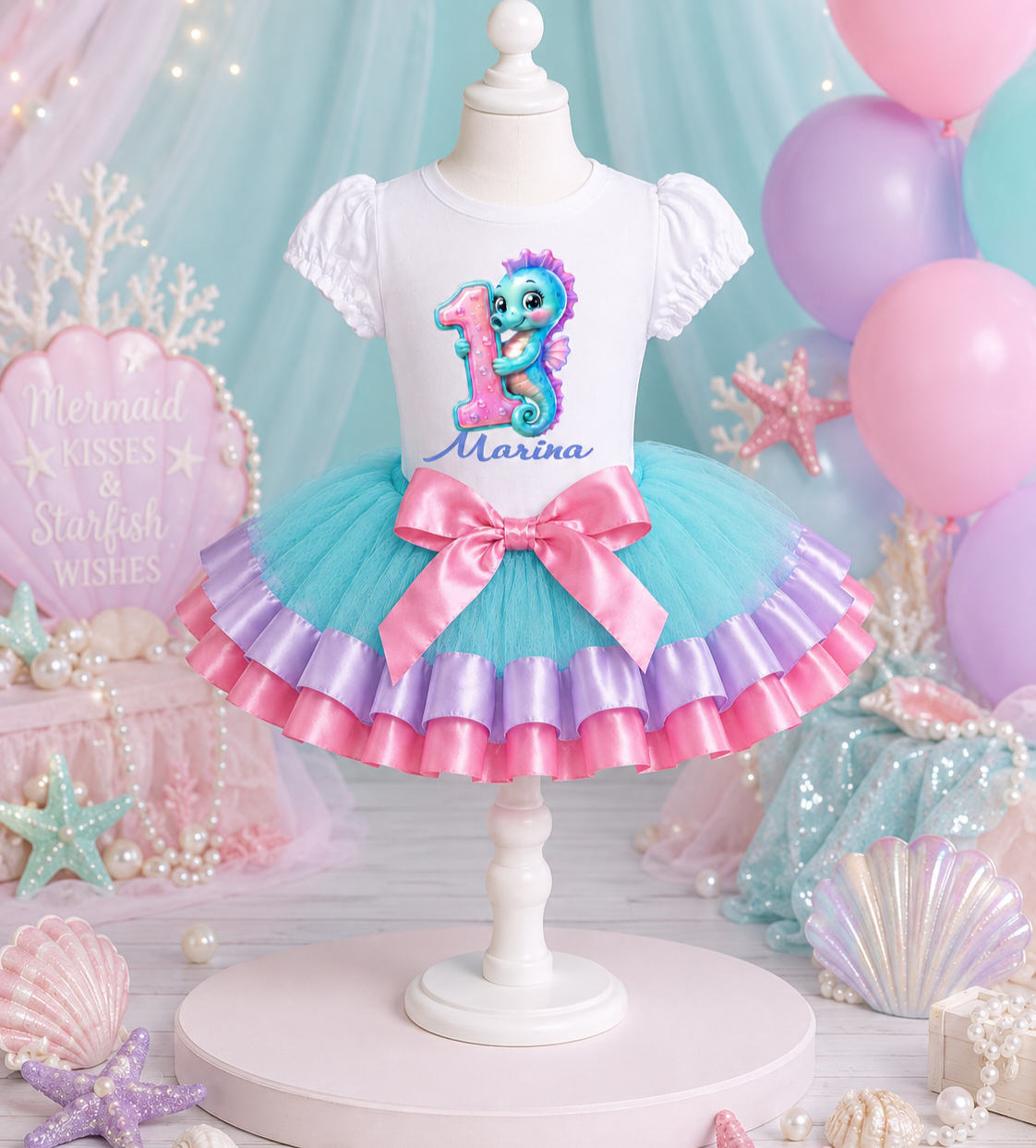Personalized Seahorse 1st Birthday Tutu Outfit for Baby Girl – Seahorse Shirt, Aqua Pink & Lavender Tutu Set
