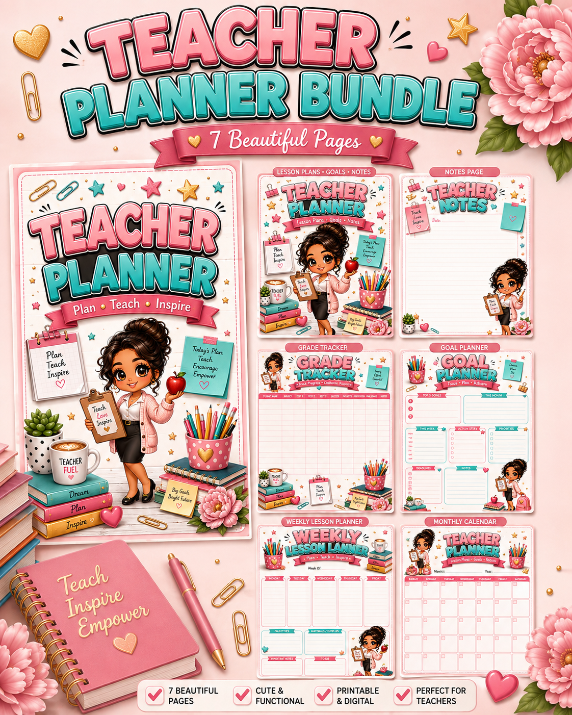 Cute Teacher Planner Printable – Lesson Plans, Goals & Notes Organizer, Chibi Teacher Digital Download