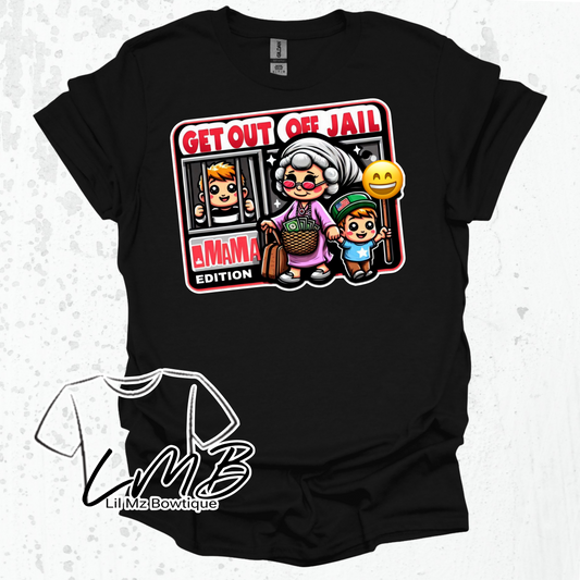Black adult t-shirt with colorful "Get out of jail Grandma edition" cartoon design