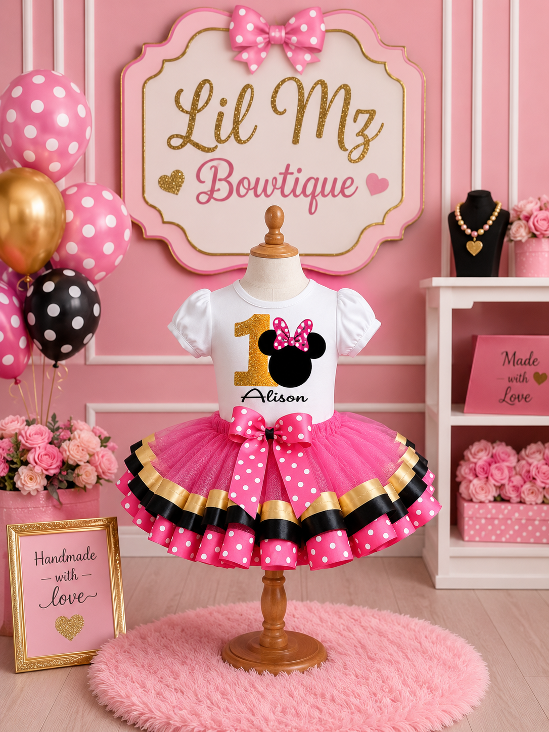 Personalized Pink, Black & Gold Mouse 1st Birthday Tutu Outfit for Girls