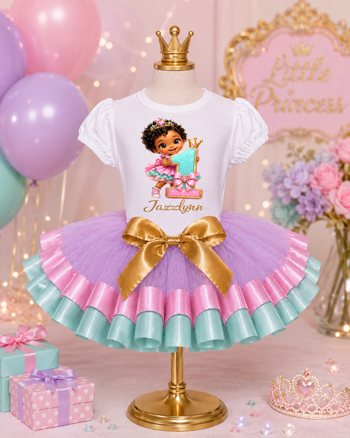 Princess 1st Birthday Tutu Outfit, Personalized Girl First Birthday Shirt and Lavender Pink Aqua Tutu Set