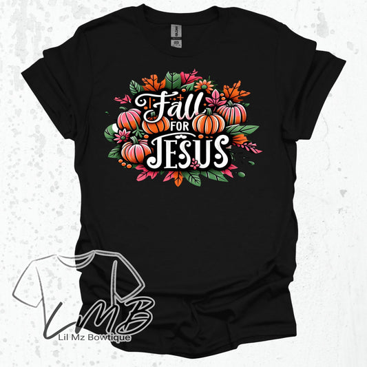 Black Fall for Jesus adult t-shirt with colorful fall leaves and pumpkins design, Christian t-shirt