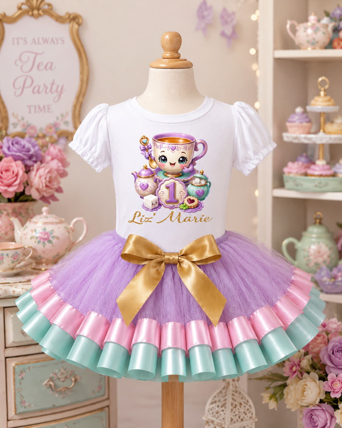 Personalized Tea Party 1st Birthday Tutu Outfit for Girls – Lavender, Pink & Aqua