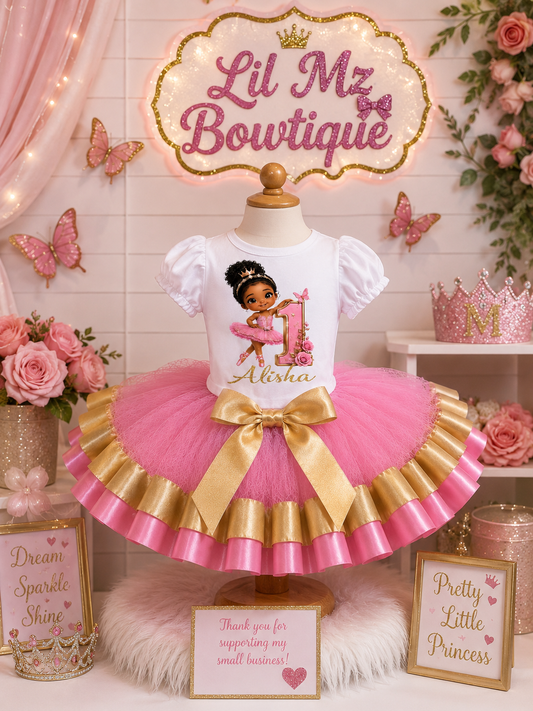 Pink & Gold Ballerina 1st Birthday Tutu Outfit – Personalized Princess Birthday Shirt & Tutu Set