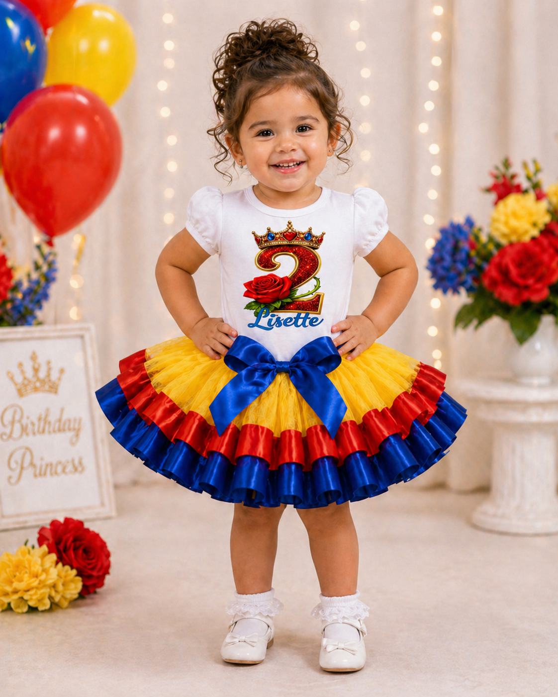 Fairytale Princess Belle Birthday Tutu Outfit – Red Yellow Blue Rose Crown Birthday Shirt & Tutu Set