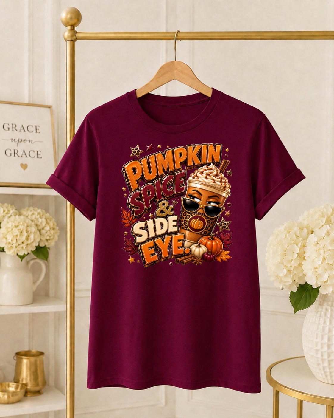 Pumpkin Spice & Side Eye Fall T-Shirt – Funny Pumpkin Spice Coffee Shirt for Women