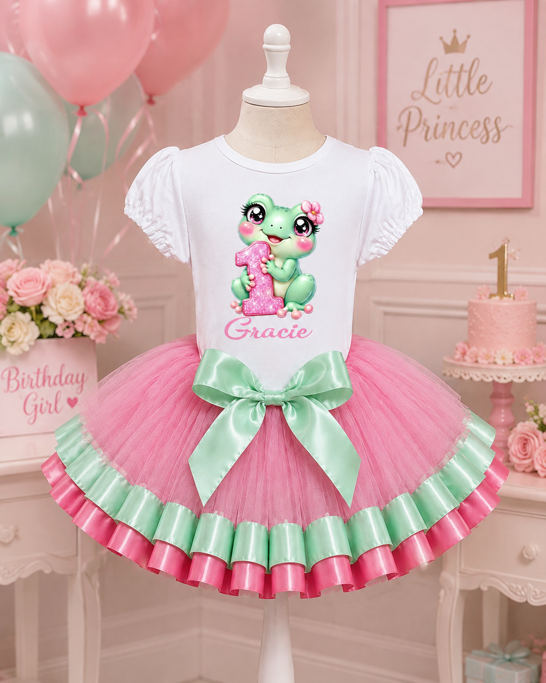 Personalized Frog 1st Birthday Tutu Outfit for Girls – Pink & Mint