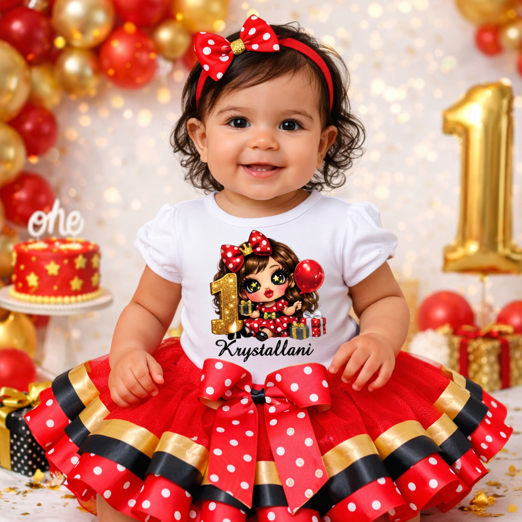 Red Polka Dot Princess 1st Birthday Tutu Outfit – Personalized Birthday Girl Set (Headband Not Included)