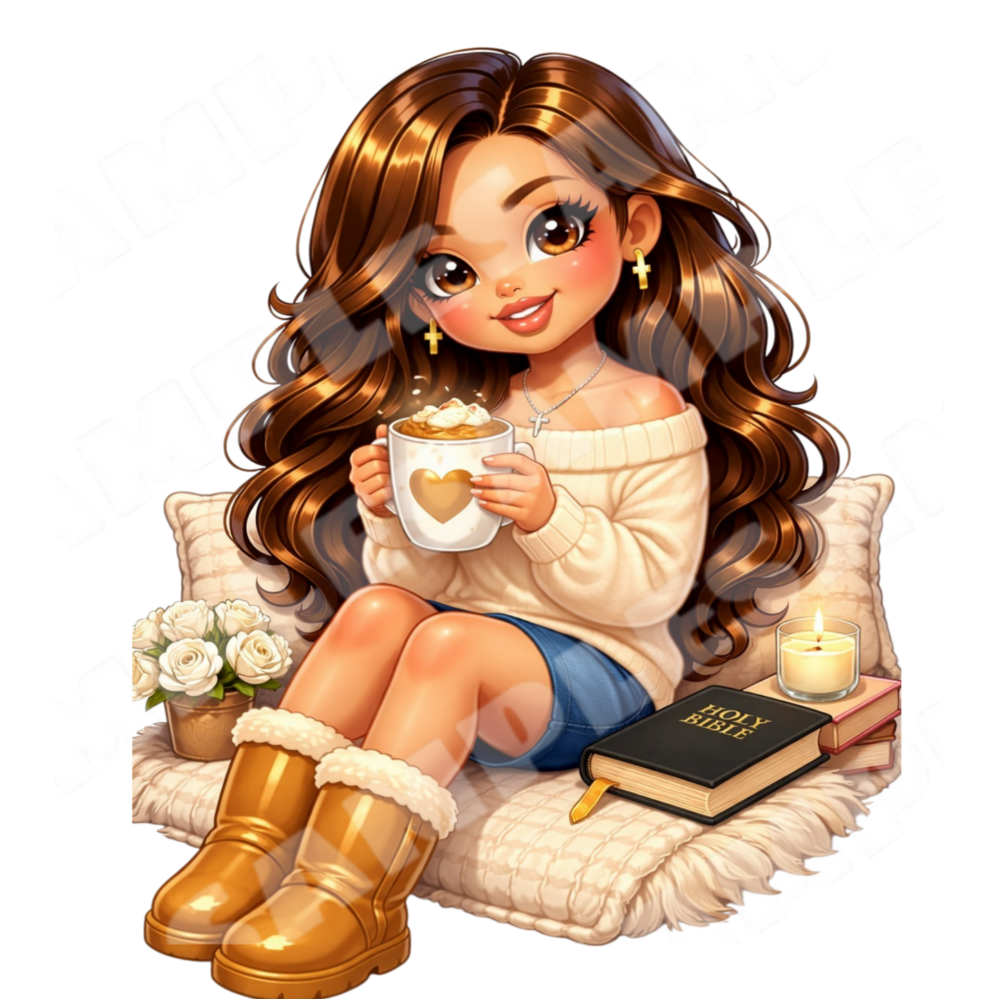 Cozy Faith Vibes Chibi Christian Girl Digital Sticker Bundle 6 PNG Stickers(Digital Product)