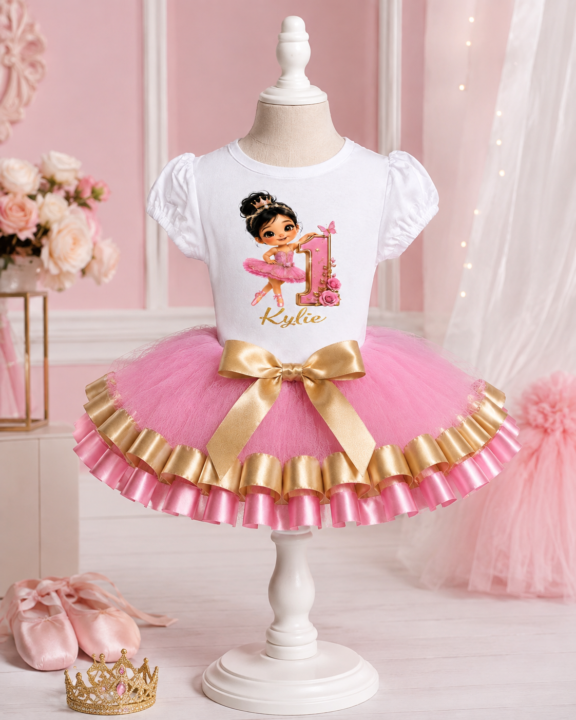 Personalized Pink & Gold Ballerina 1st Birthday Tutu Outfit for Girls
