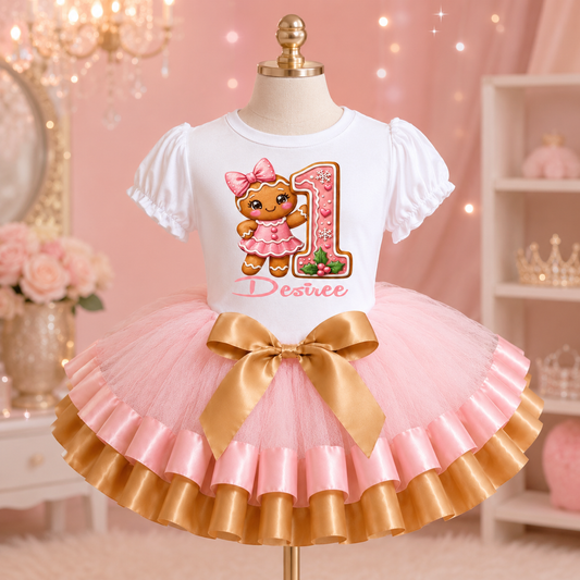 Personalized Pink Gingerbread Girl 1st Birthday Tutu Outfit – Christmas Birthday Set