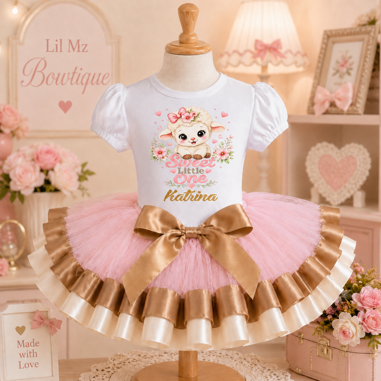 Sweet Little One Lamb Tutu Outfit, Pink Brown Gold First Birthday Tutu Set, Personalized Girl 1st Birthday Outfit
