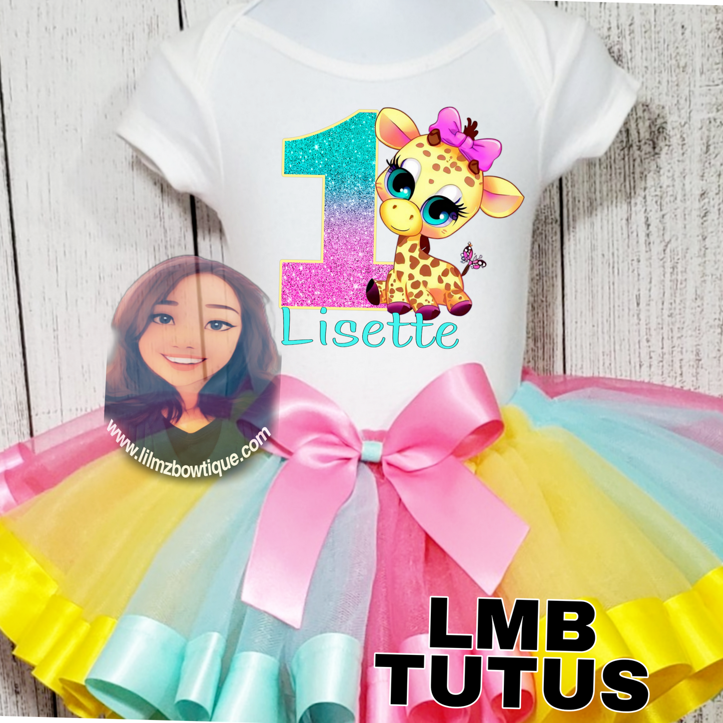 Personalized cute giraffe tutu outfit for toddlers with glitter number and pastel rainbow tutu skirt