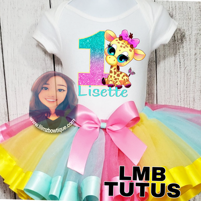 Personalized cute giraffe tutu outfit for toddlers with glitter number and pastel rainbow tutu skirt