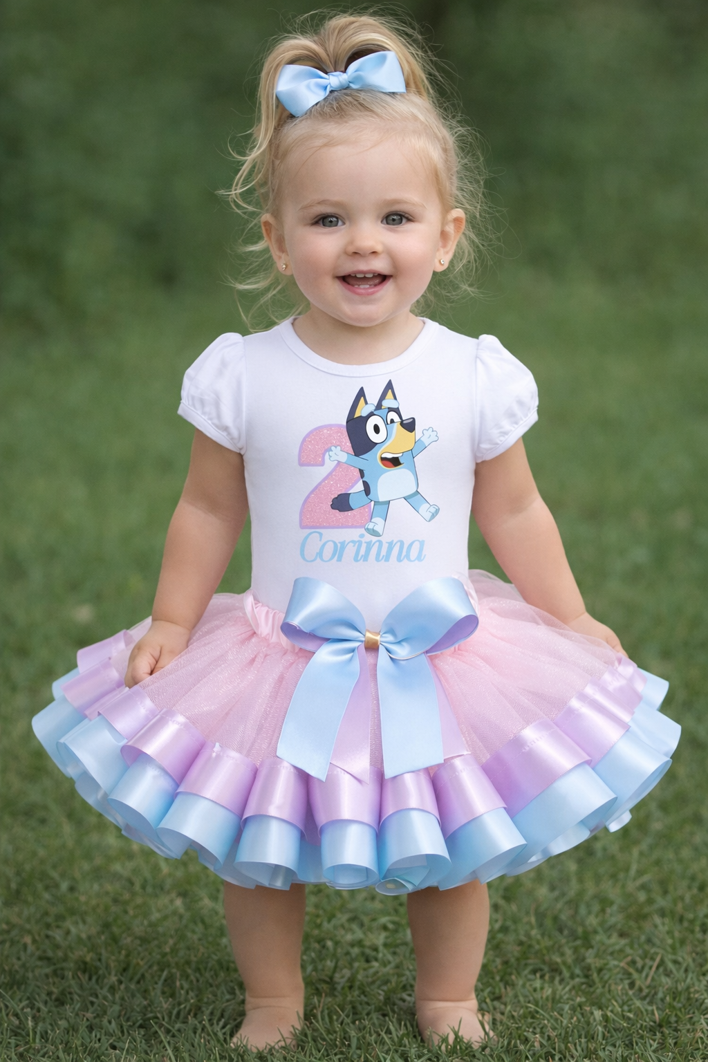 Bluey Inspired 2nd Birthday Tutu Outfit for Girls – Personalized Pink & Blue Ribbon Trim Dress Set
