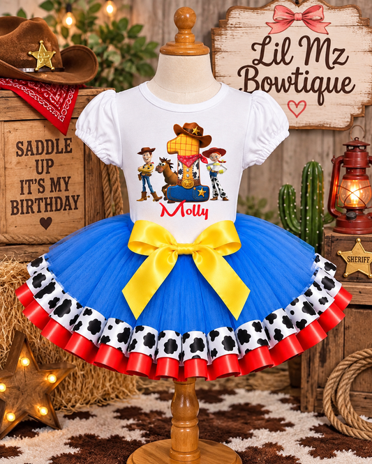 Personalized Cowgirl 1st Birthday Tutu Outfit – Blue Cow Print Birthday Set for Girls
