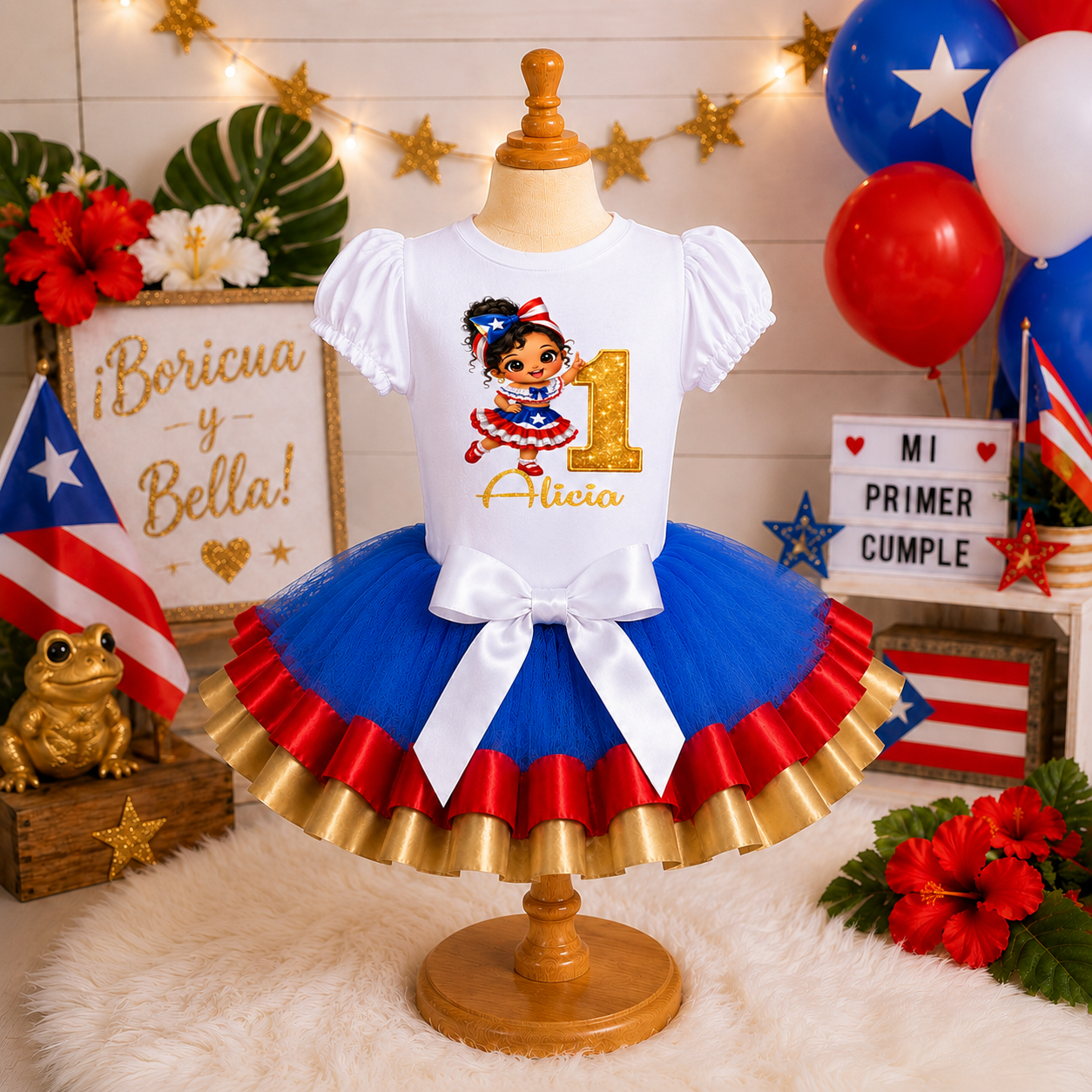 Boricua Chibi Girl First Birthday Tutu Outfit | Puerto Rico Birthday Dress