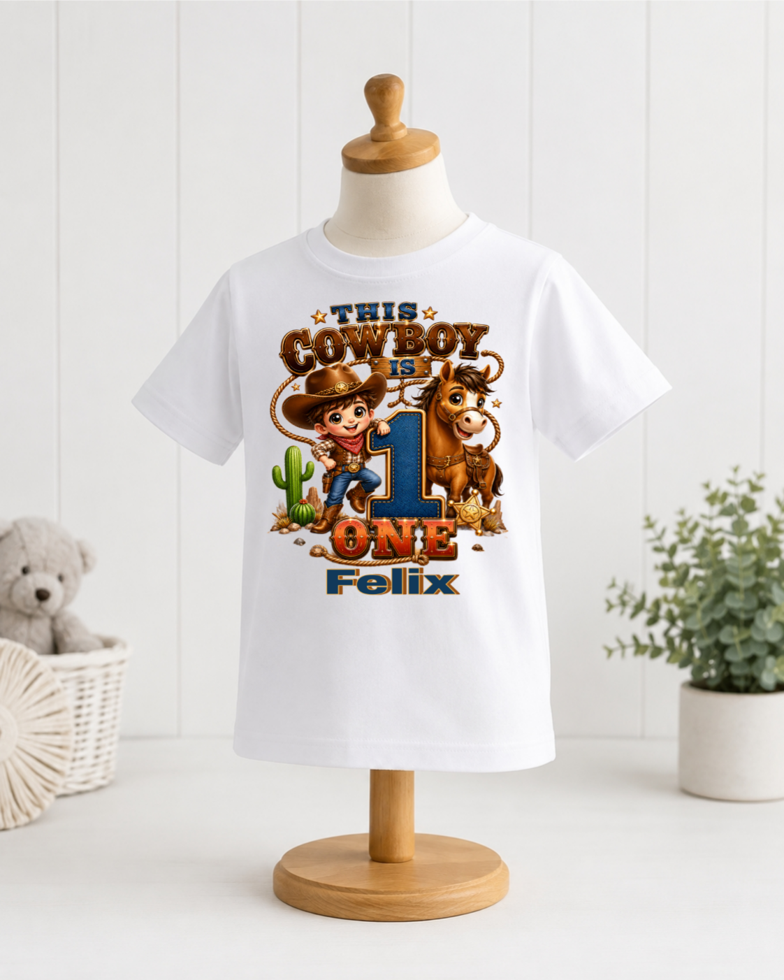 Personalized This Cowboy Is One Birthday Shirt – Boys’ Western 1st Birthday T-Shirt