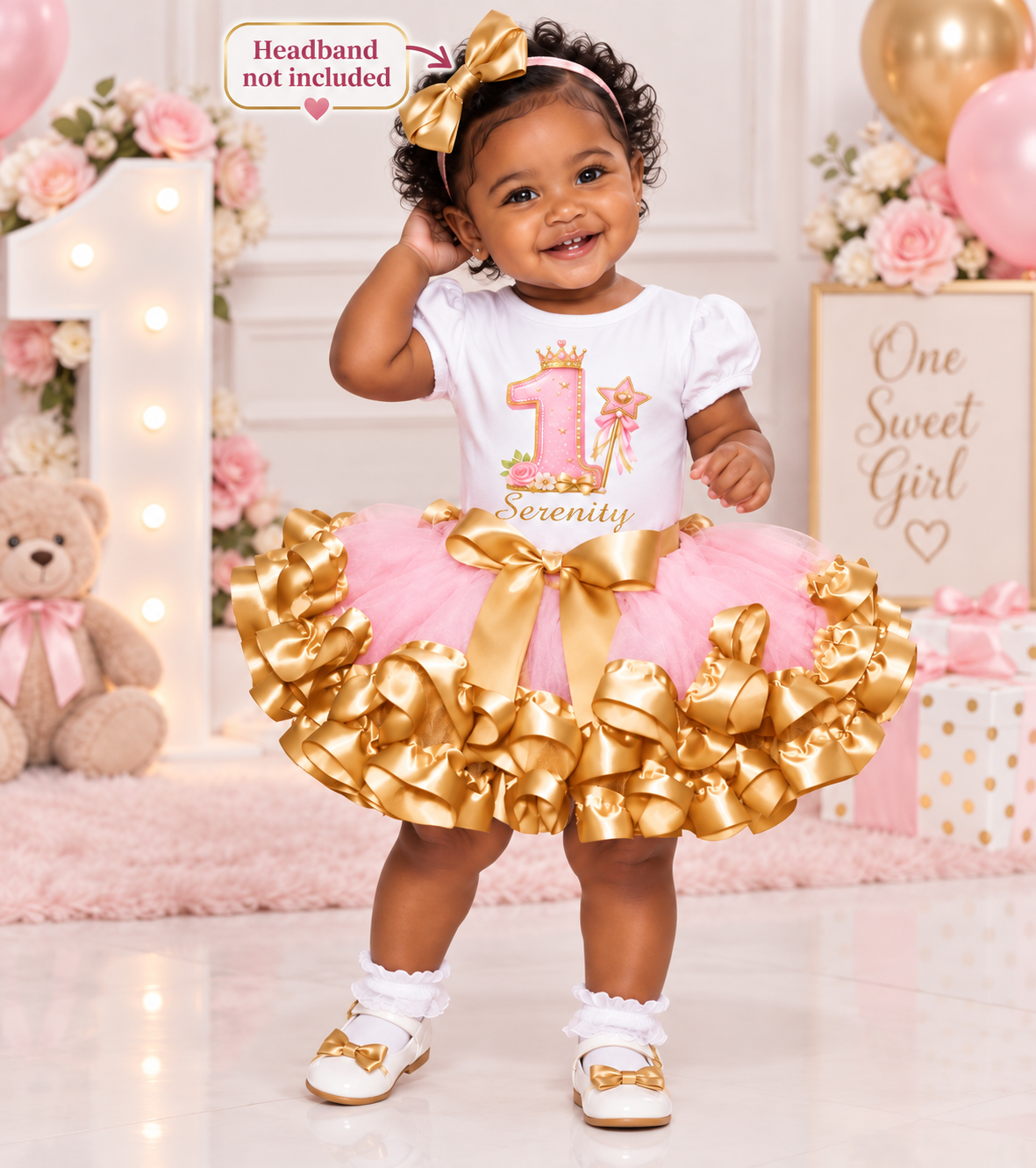 Pink and Gold Princess 1st Birthday Tutu Outfit with Personalized Shirt for Baby Girl