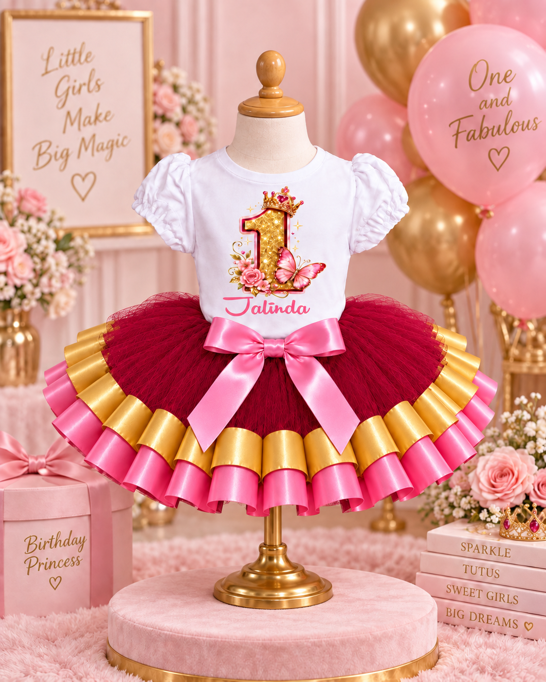 Personalized Butterfly First Birthday Tutu Outfit for Girls – Pink Burgundy & Gold