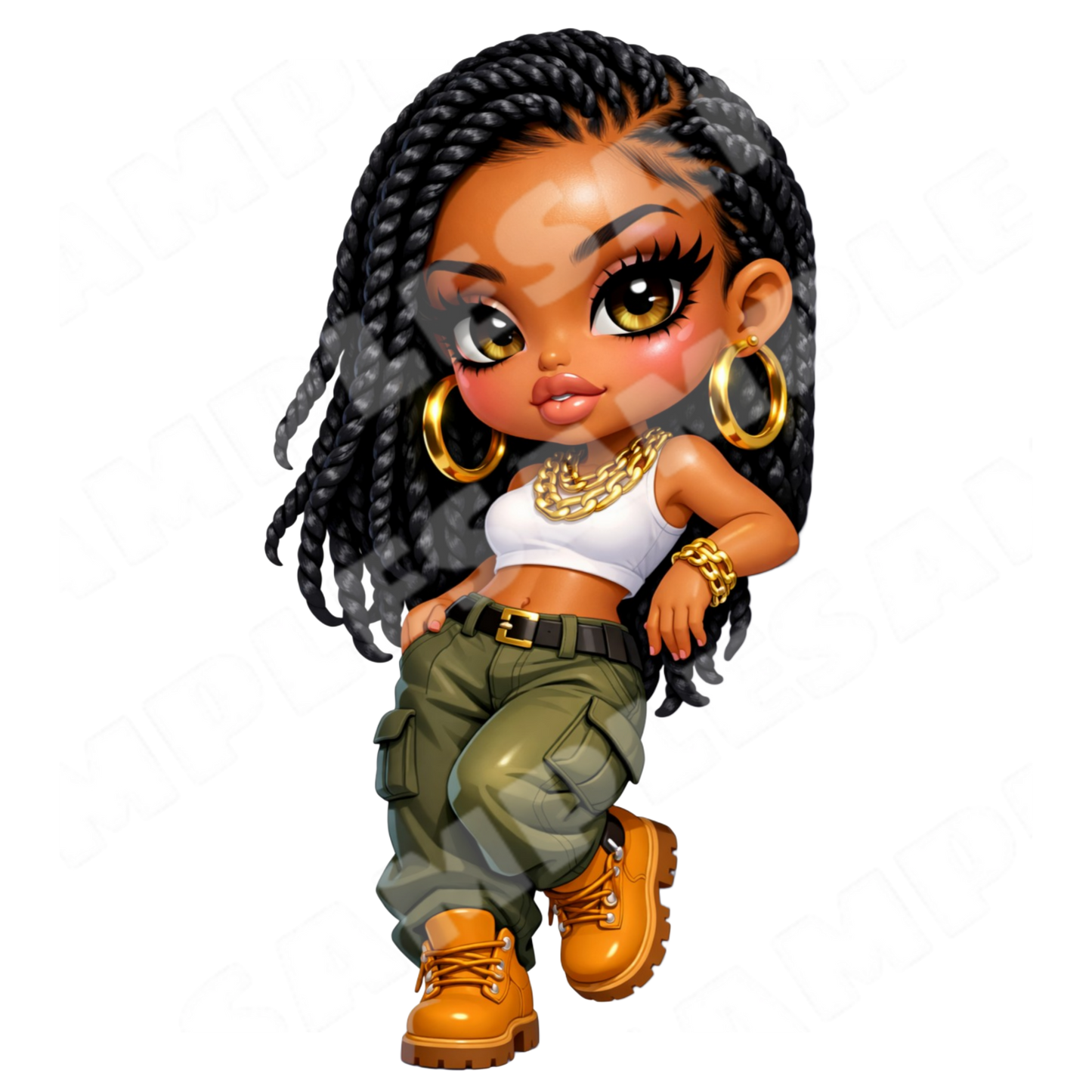 African American Sassy Street Style Chibi Girl Sticker PNG (Digital Product)