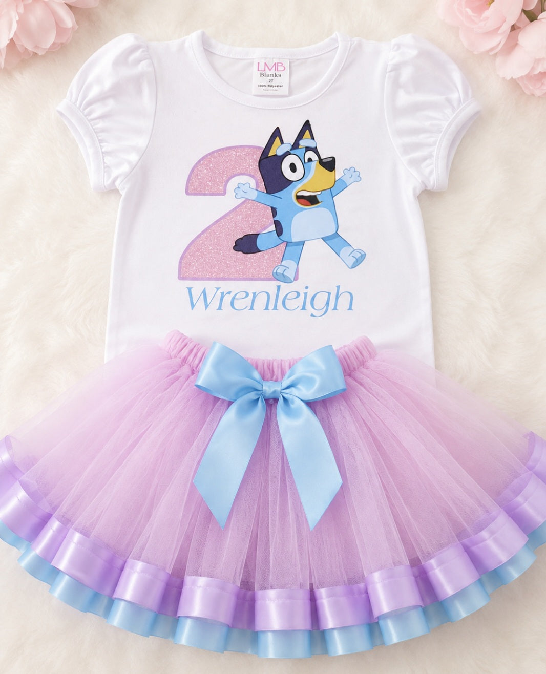 Bluey Inspired 2nd Birthday Tutu Outfit for Girls – Personalized Pink & Blue Ribbon Trim Dress Set