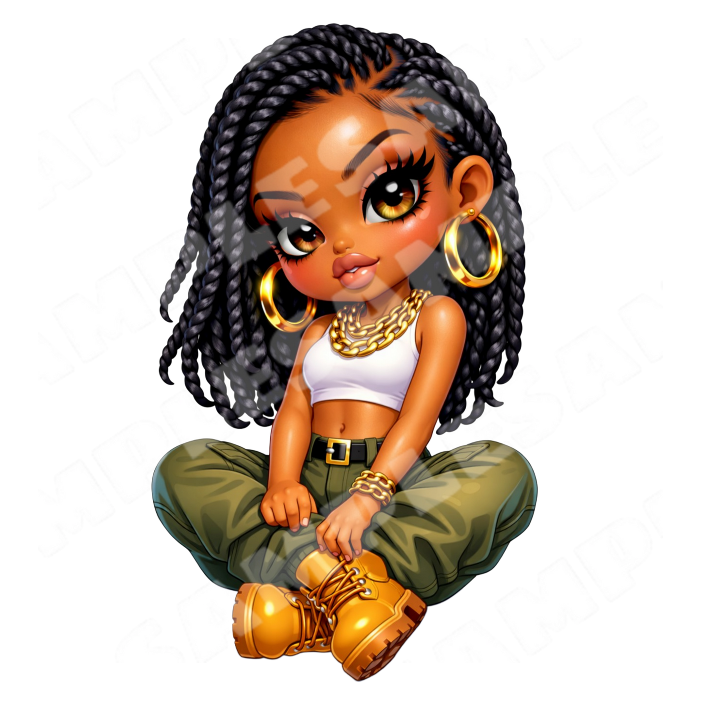 African American Sassy Street Style Chibi Girl Sticker PNG (Digital Product)