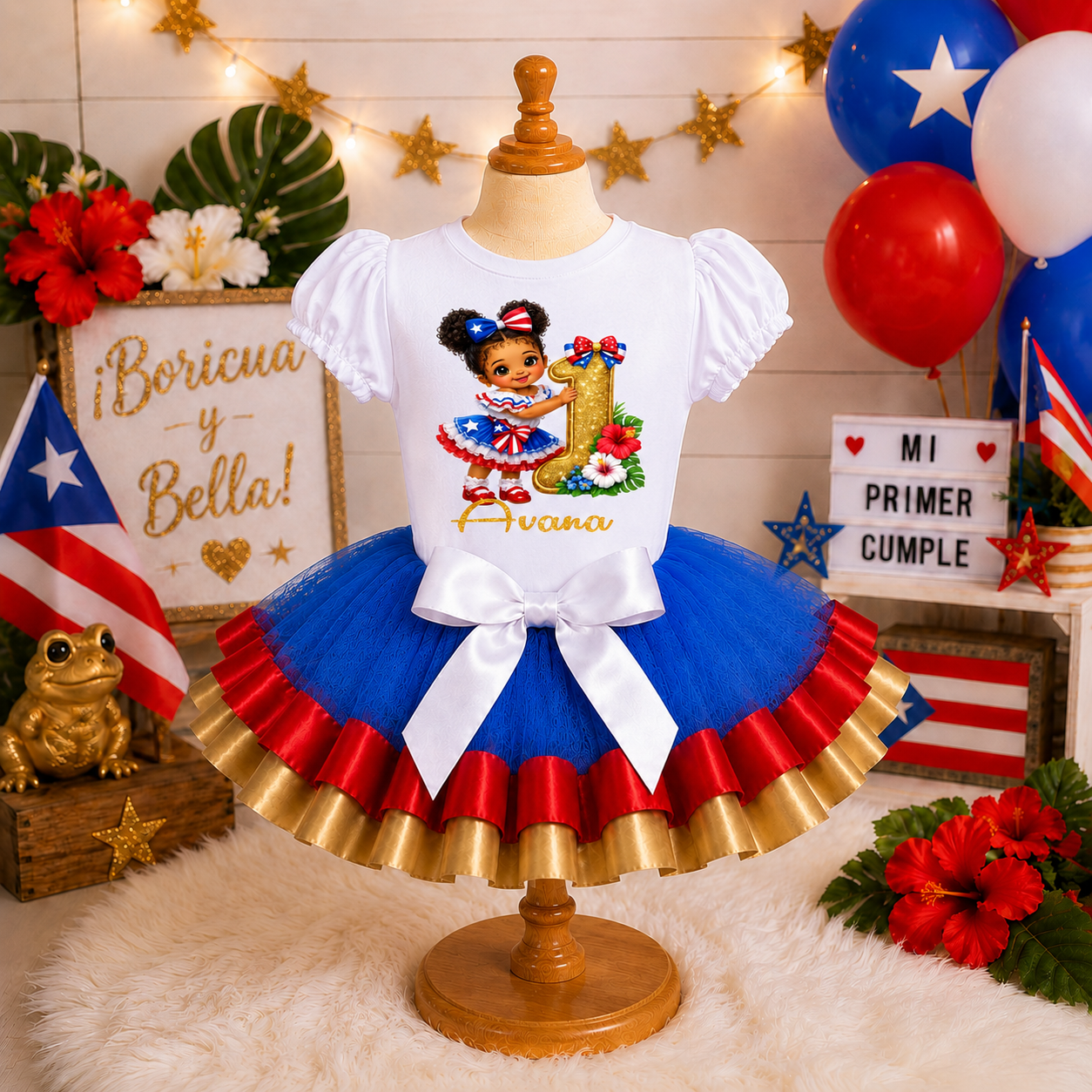 Boricua Chibi Girl First Birthday Tutu Outfit | Puerto Rico Birthday Dress