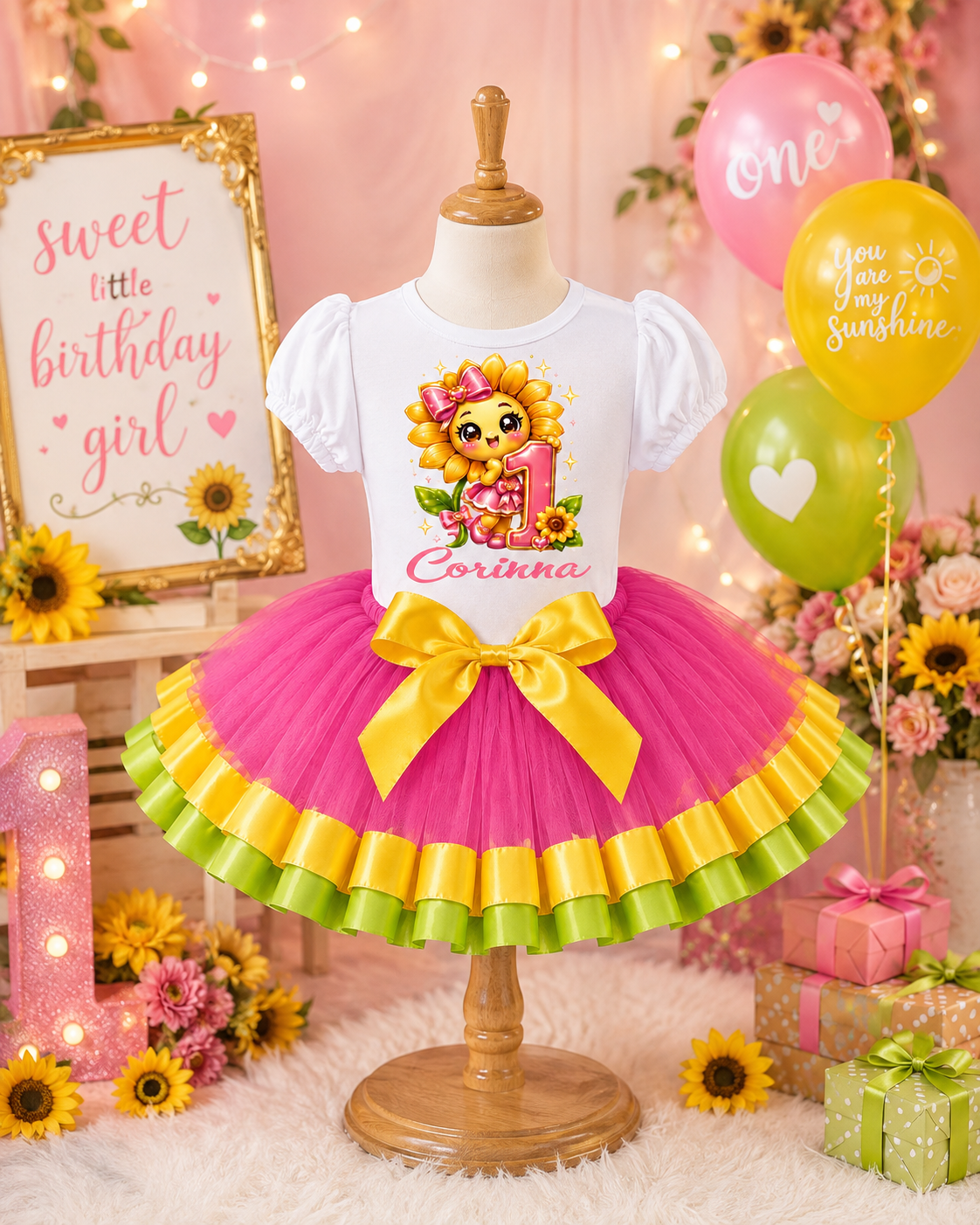 Sunflower 1st Birthday Tutu Outfit for Girls – Personalized Pink Yellow & Green Birthday Set