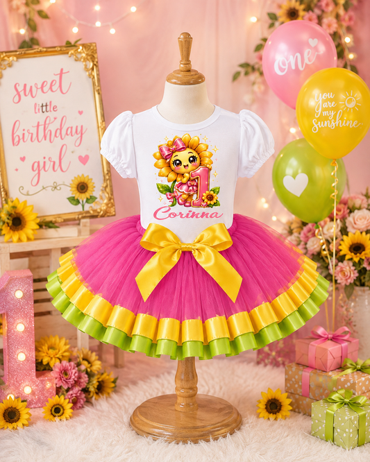 Sunflower 1st Birthday Tutu Outfit for Girls – Personalized Pink Yellow & Green Birthday Set