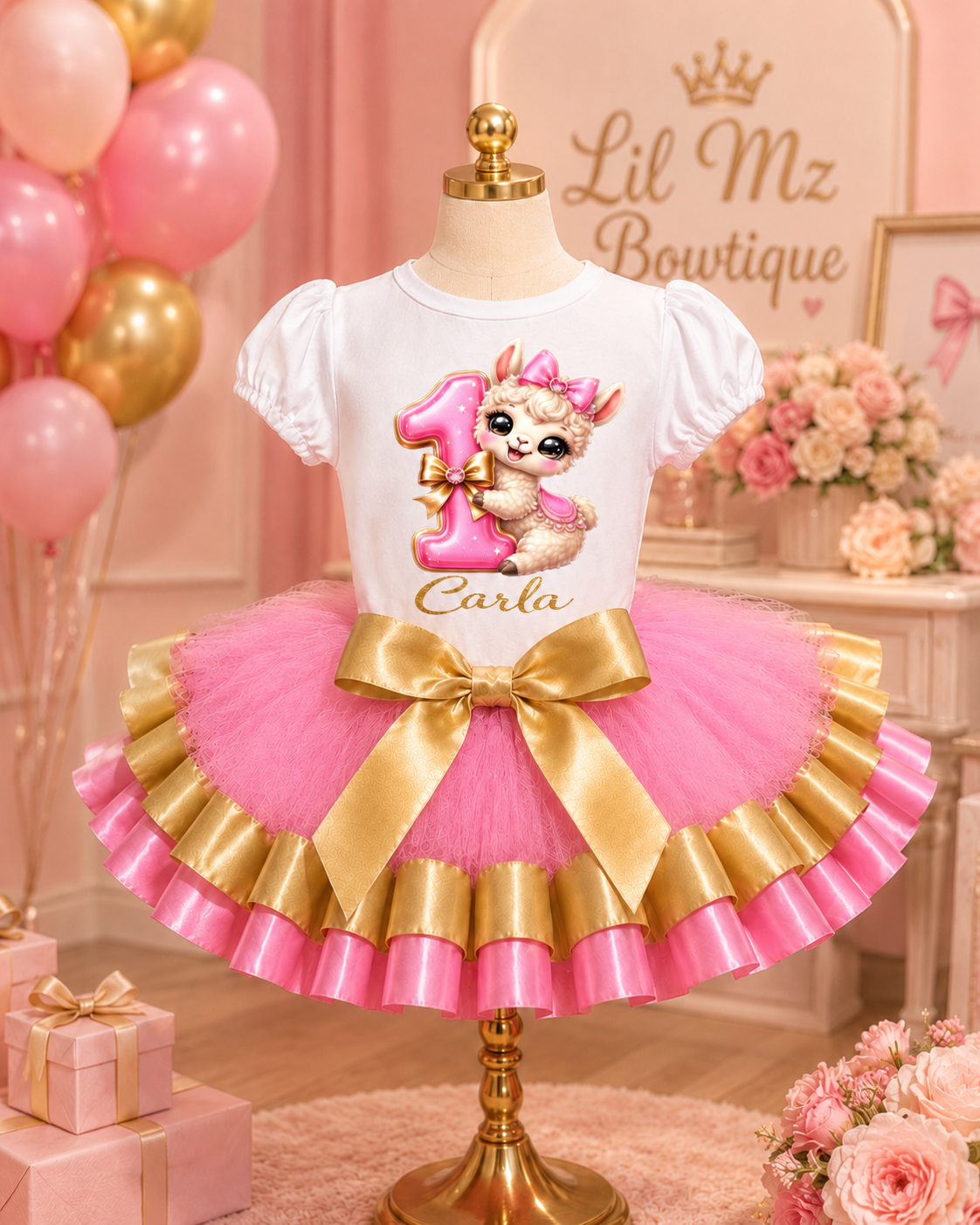 Personalized Llama 1st Birthday Tutu Outfit for Girls | Pink & Gold Birthday Shirt and Tutu Set | Custom Name