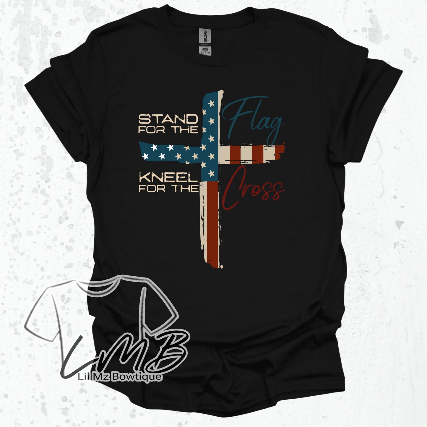 Christian Adult T-Shirt black with flag cross design and "Stand for the Flag, Kneel for the Cross" text