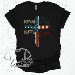 Christian Adult T-Shirt black with flag cross design and "Stand for the Flag, Kneel for the Cross" text
