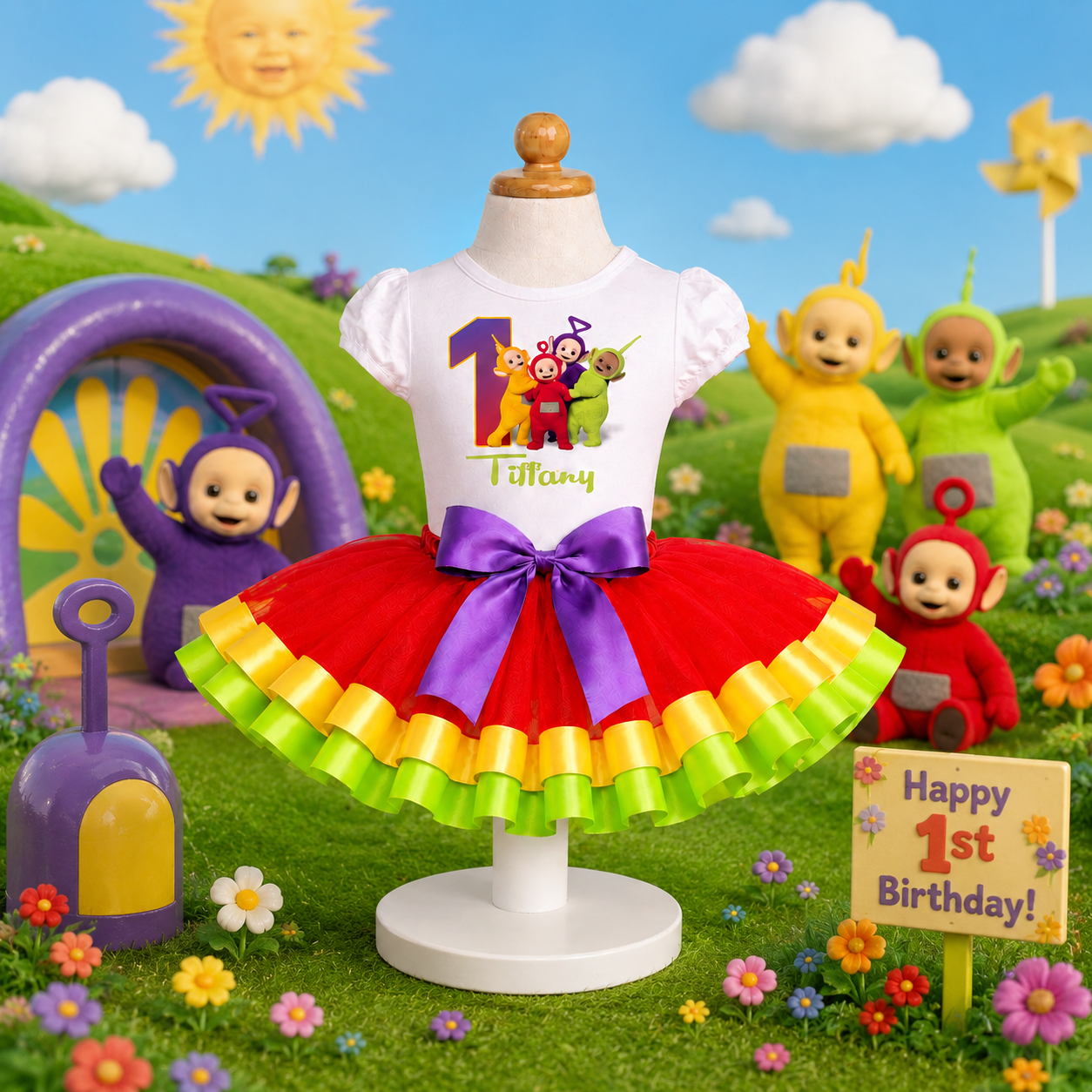 Sunshine Friends 1st Birthday Tutu Outfit – Colorful Red Yellow Green Purple Birthday Shirt and Tutu Set