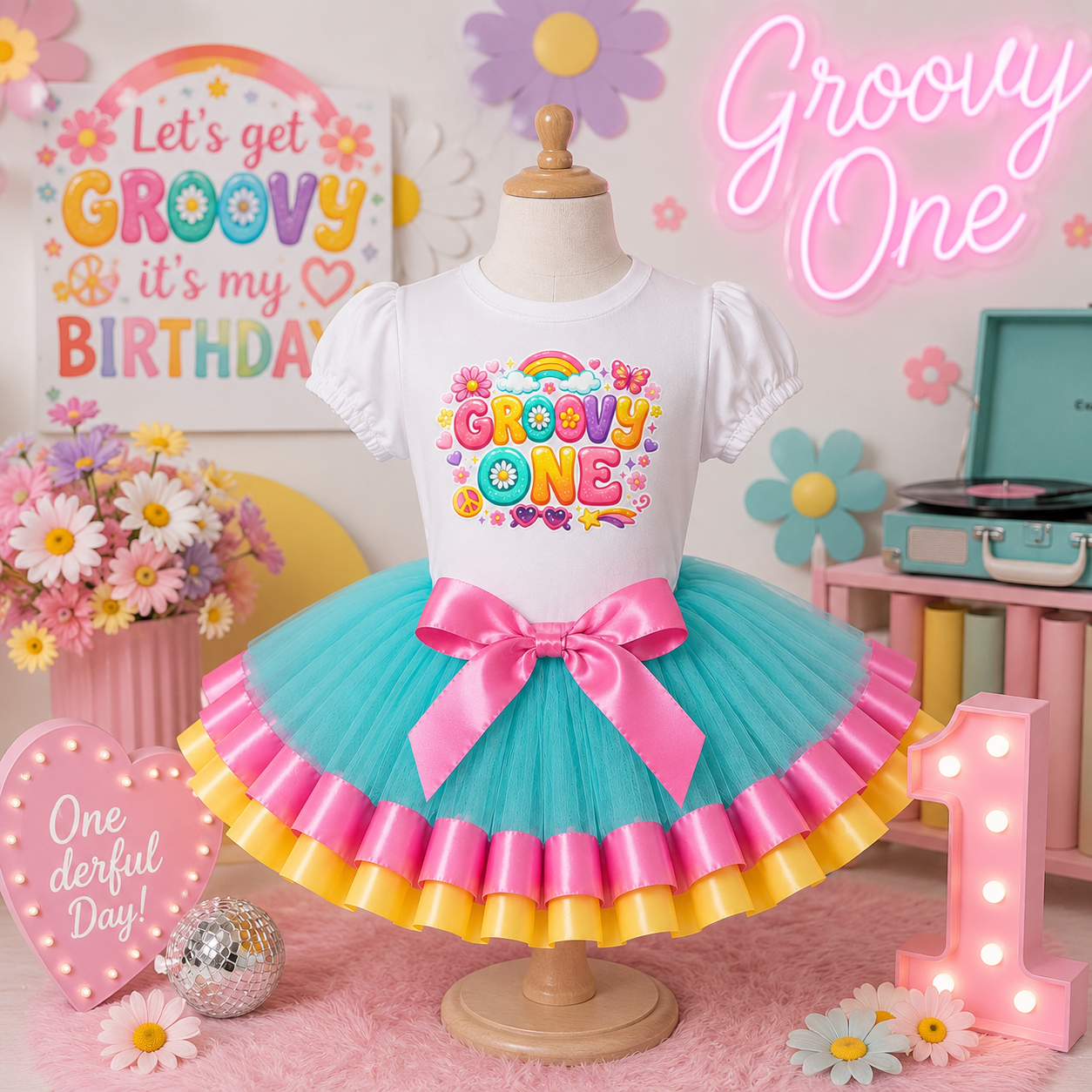 Groovy One Birthday Tutu Outfit Girl, Retro Daisy First Birthday Shirt and Tutu Set