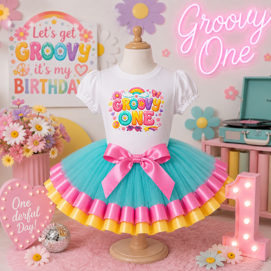 Groovy One Birthday Tutu Outfit Girl, Retro Daisy First Birthday Shirt and Tutu Set