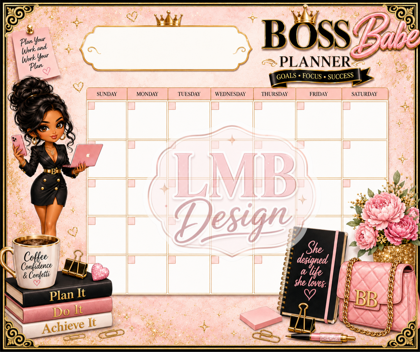 Boss Babe Planner Printable Bundle, Blank Monthly Calendar & Notes Pages, Pink Gold Feminine Planner PDF, Instant Digital Download