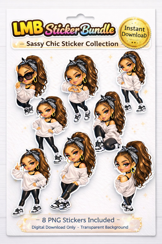 Sassy Chibi Chic 8 Sticker Bundle Cliparts (Digital Product)