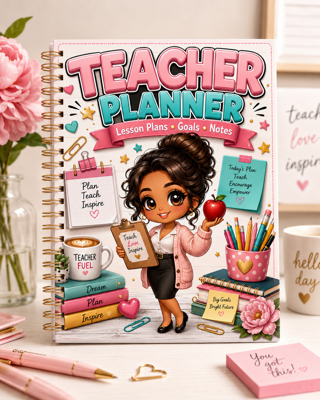 Cute Teacher Planner Printable – Lesson Plans, Goals & Notes Organizer, Chibi Teacher Digital Download