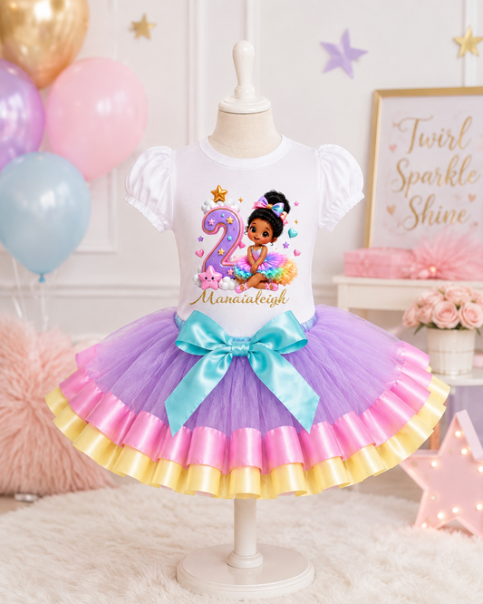 Girls 2nd Birthday Tutu Outfit – African Girl Ballerina Rainbow Birthday Shirt & Tutu Set – Personalized Toddler Birthday Outfit