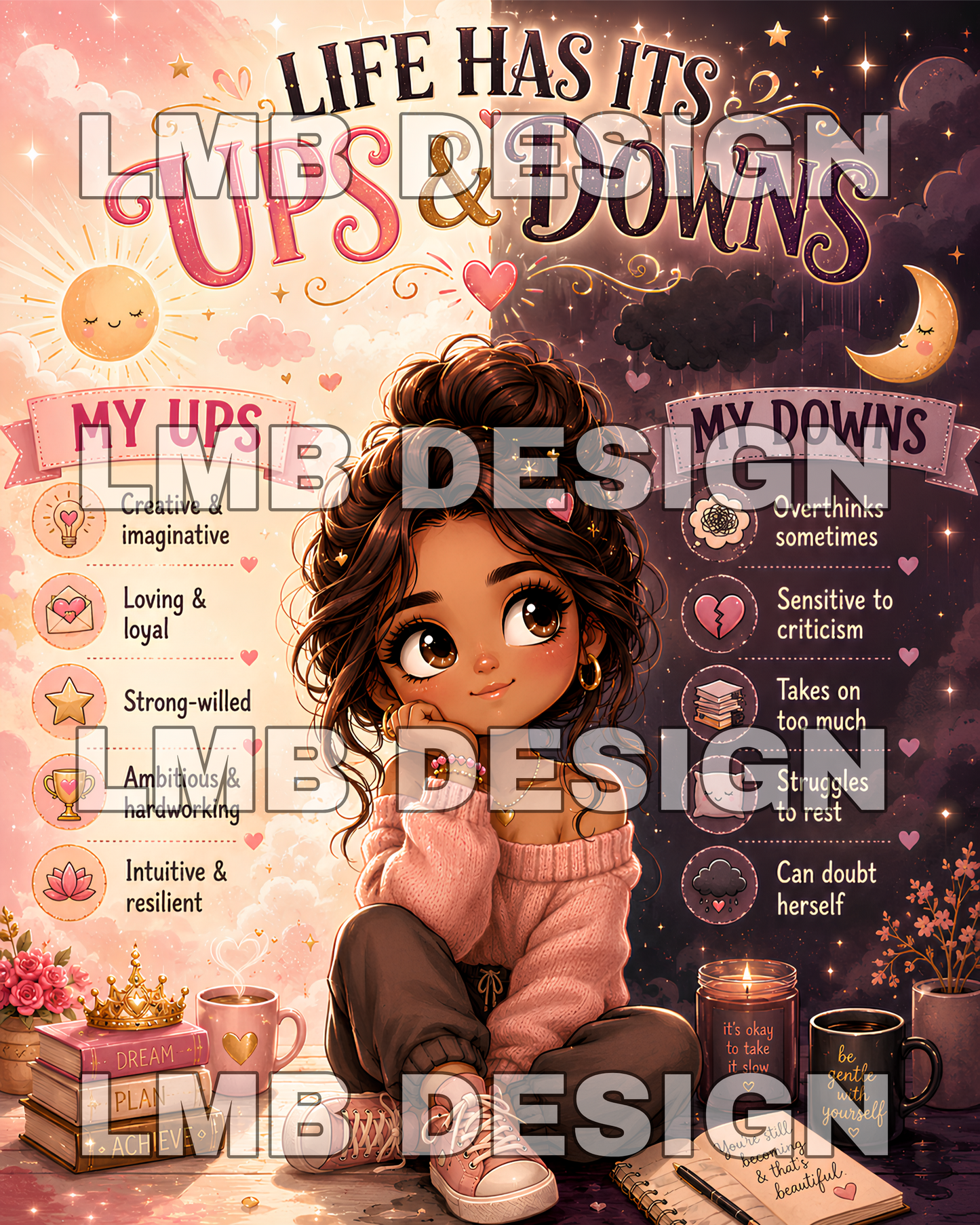 Life Has Its Ups & Downs Chibi Girl Motivational PNG Design (2 images only)  Instant Digital Download