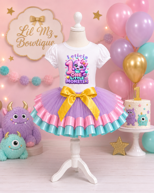 Personalized One Little Monster 1st Birthday Tutu Outfit for Girls – Custom Name Shirt & Purple Tutu Set
