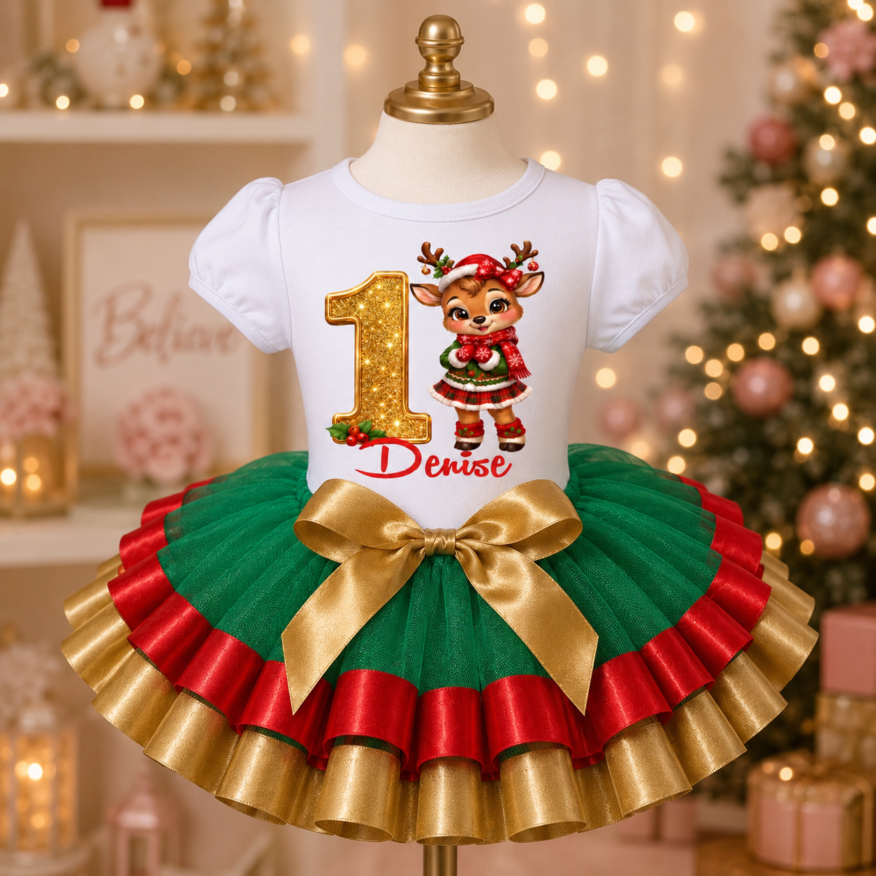 Personalized Christmas Reindeer 1st Birthday Tutu Outfit for Girls